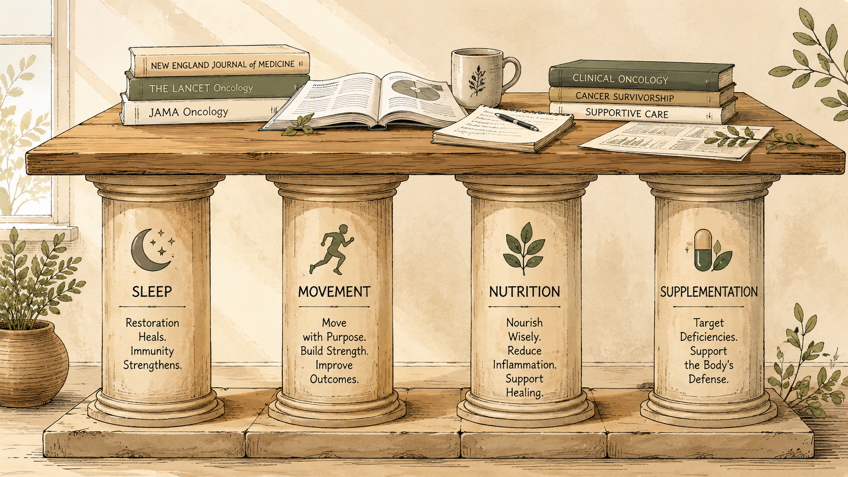 The Four Pillars of Breathe & Bloom — Sleep, Movement, Nutrition, Supplementation — illustrated as classical columns supporting a scholar's desk with medical journals